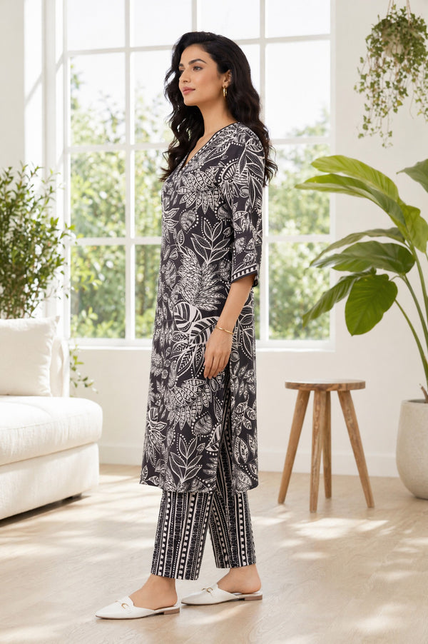 Aurelia Women's Black Botanical Printed Rayon Straight Kurta with Palazzo Set