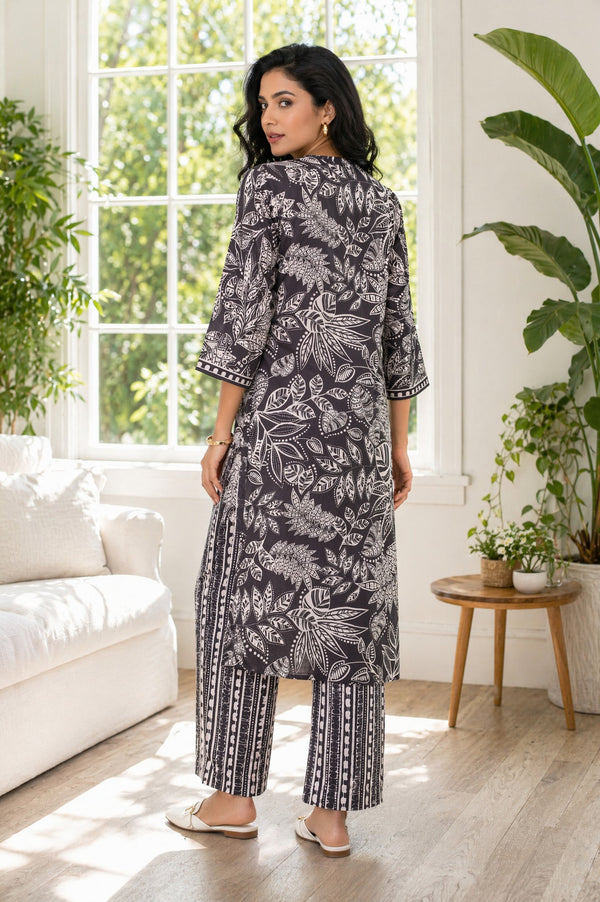 Aurelia Women's Black Botanical Printed Rayon Straight Kurta with Palazzo Set