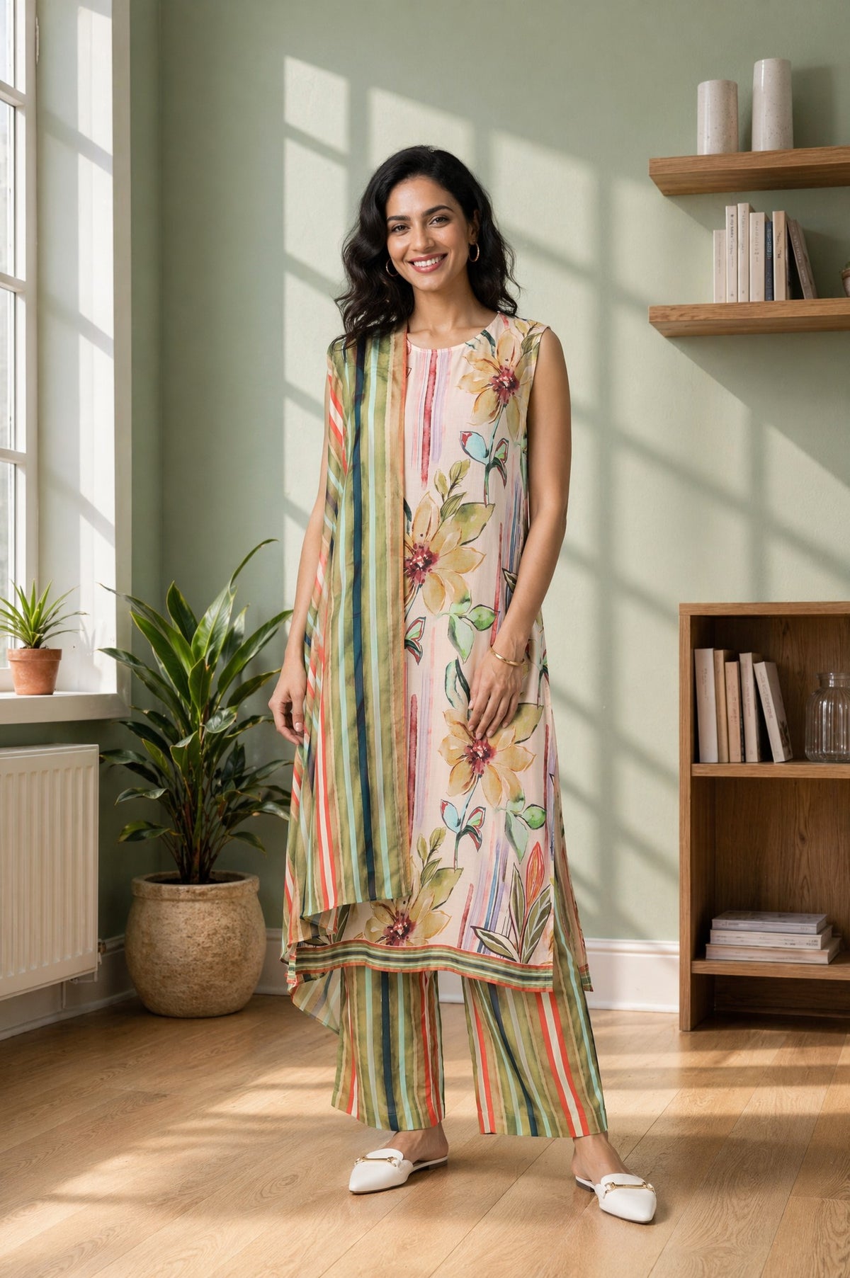 Aurelia Women's Multicolour Floral Printed Rayon Sleeveless Straight Kurta with Palazzo and Stole Set - XS