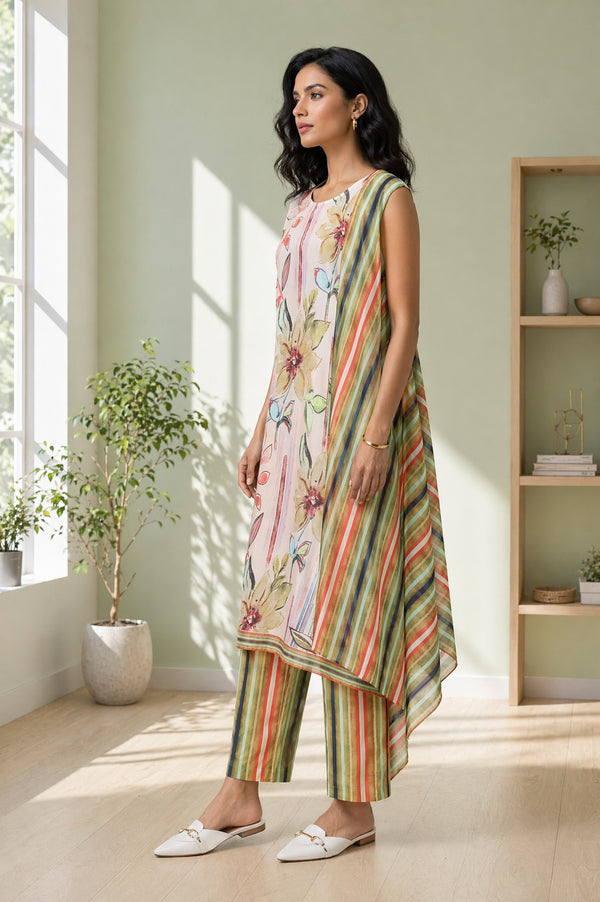 Aurelia Women's Multicolour Floral Printed Rayon Sleeveless Straight Kurta with Palazzo and Stole Set