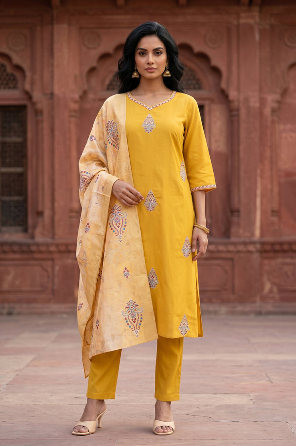 Mustard Thread Embroidered Straight Kurta With Trousers And Dupatta Set