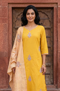 Mustard Thread Embroidered Straight Kurta With Trousers And Dupatta Set
