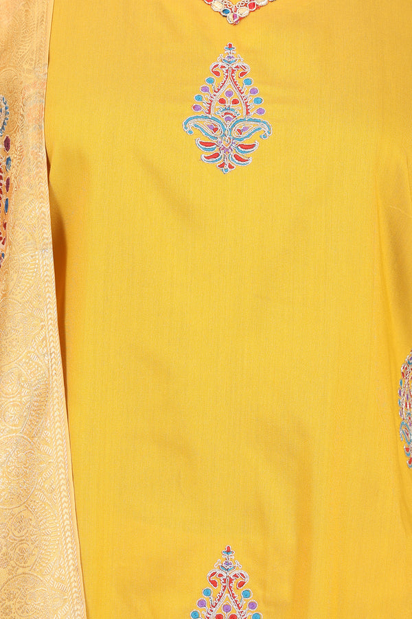 Mustard Thread Embroidered Straight Kurta With Trousers And Dupatta Set