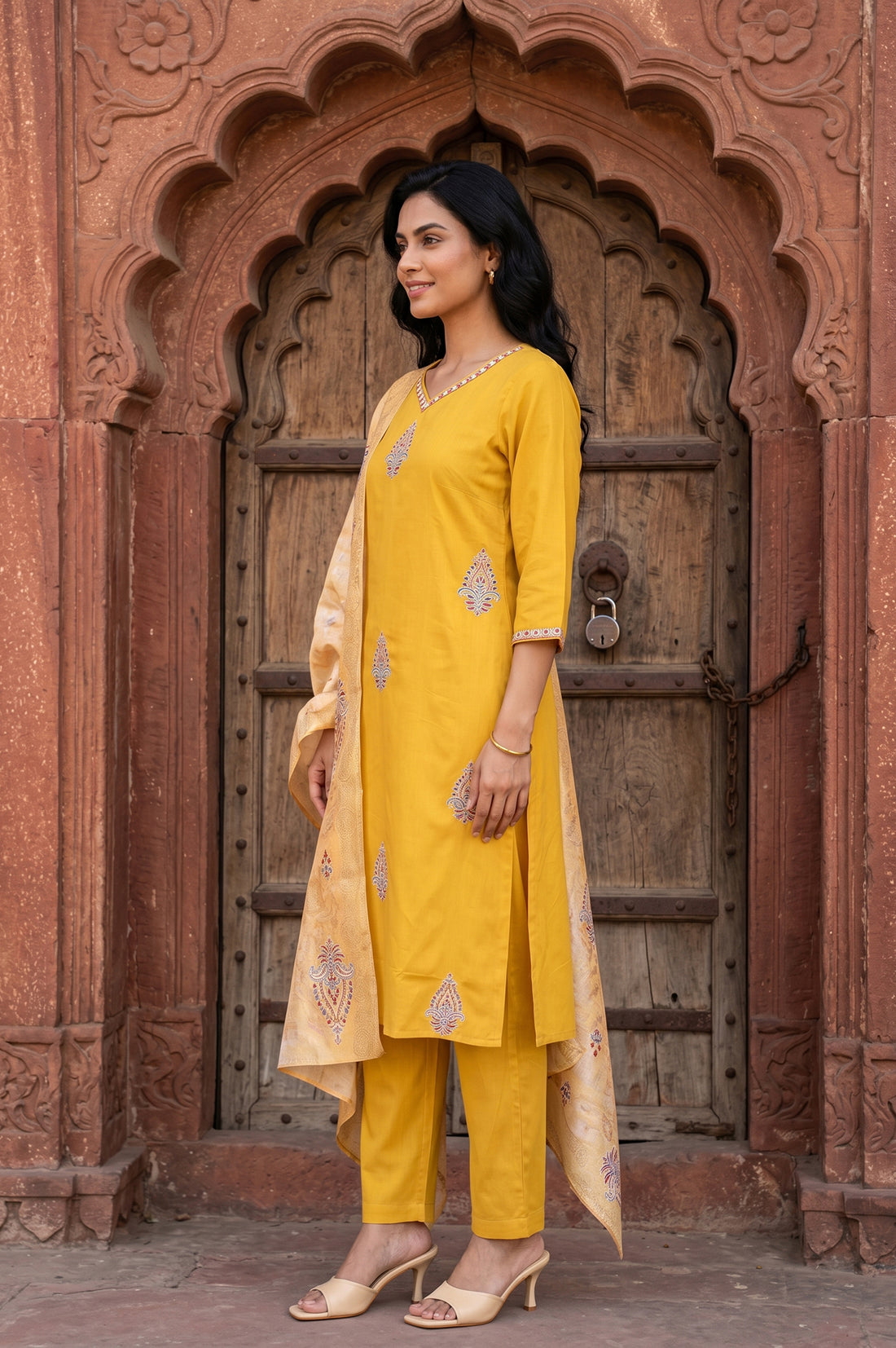 Mustard Thread Embroidered Straight Kurta With Trousers And Dupatta Set