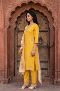 Mustard Thread Embroidered Straight Kurta With Trousers And Dupatta Set
