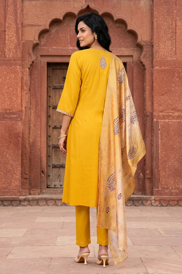 Mustard Thread Embroidered Straight Kurta With Trousers And Dupatta Set
