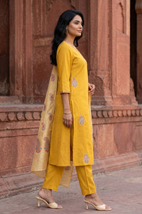 Mustard Thread Embroidered Straight Kurta With Trousers And Dupatta Set