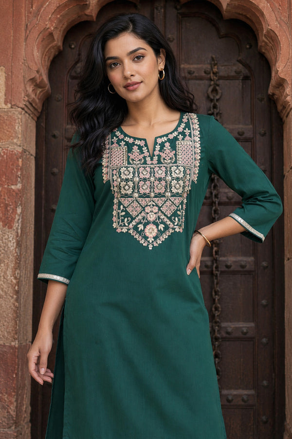 Aurelia Women's Teal Yarn Dyed Embroidered Straight Kurta with Trousers Co-ord Set