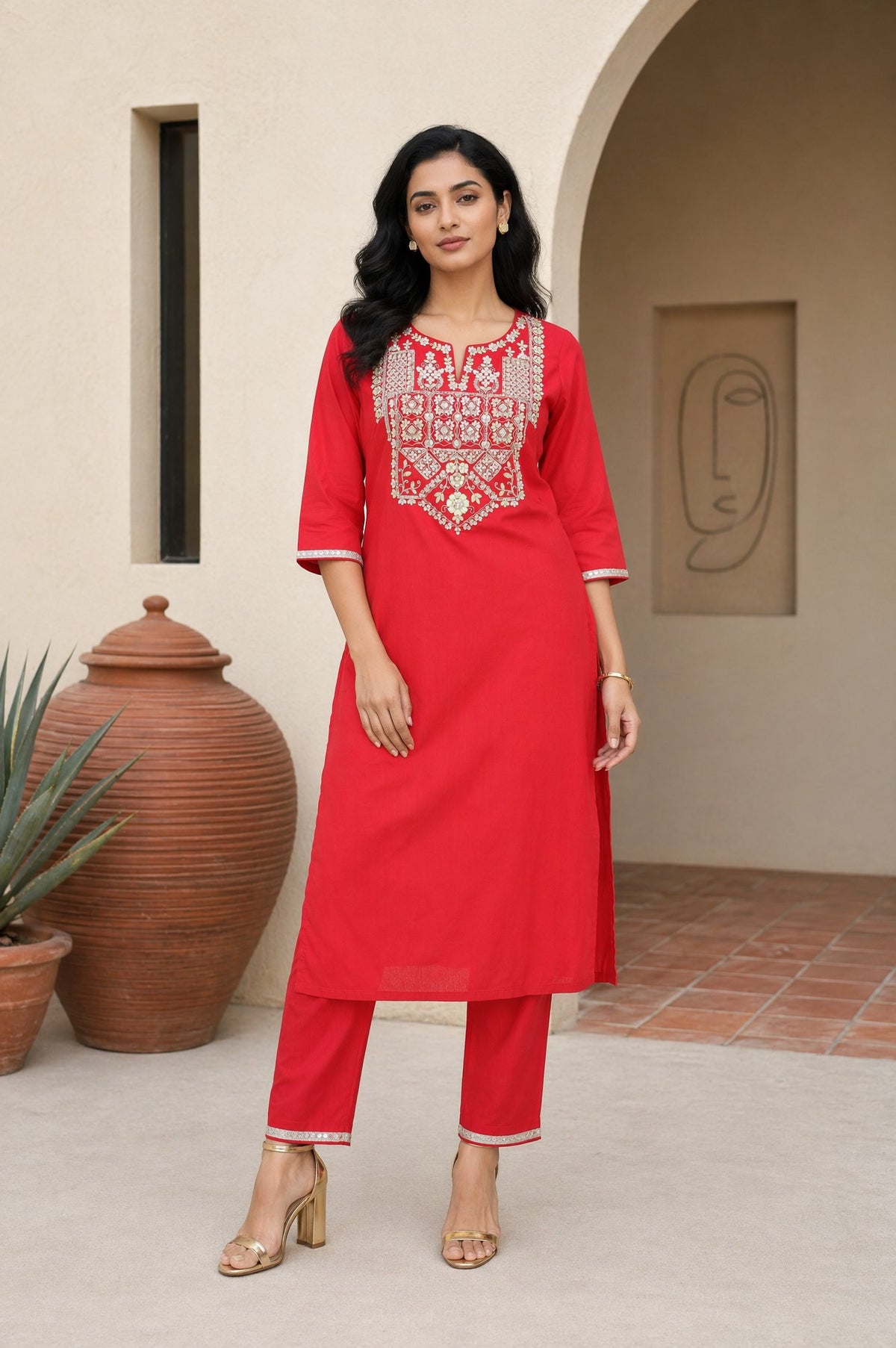 Aurelia Women's Red Yarn Dyed Embroidered Straight Kurta with Trousers Co-ord Set - XS