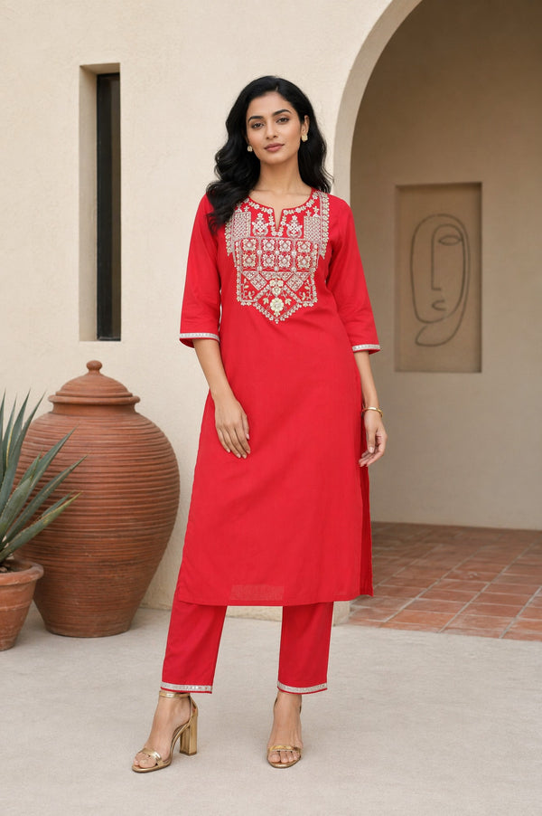 Aurelia Women's Red Yarn Dyed Embroidered Straight Kurta with Trousers Co-ord Set
