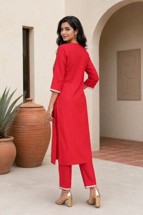 Aurelia Women's Red Yarn Dyed Embroidered Straight Kurta with Trousers Co-ord Set