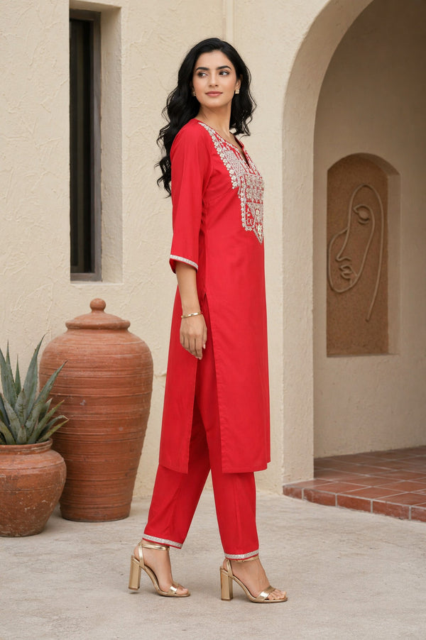 Aurelia Women's Red Yarn Dyed Embroidered Straight Kurta with Trousers Co-ord Set