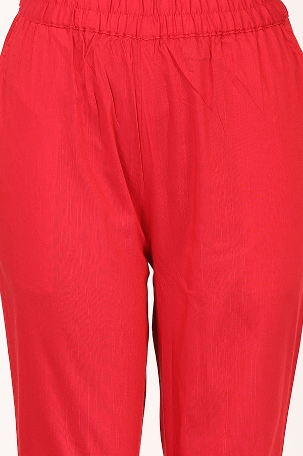 Aurelia Women's Red Yarn Dyed Embroidered Straight Kurta with Trousers Co-ord Set