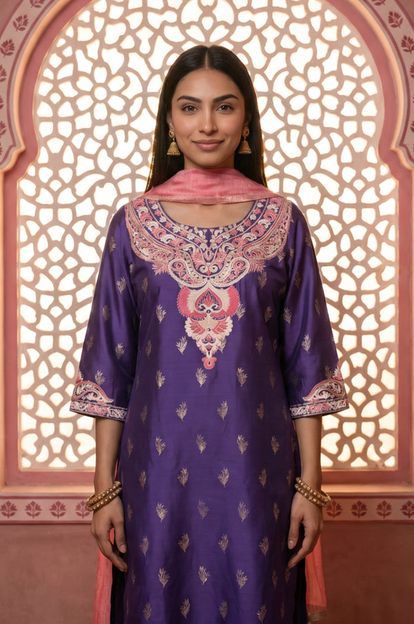 Aurelia Women's Purple Thread Embroidered Straight Kurta with Trousers and Dupatta Set