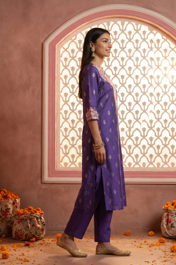 Aurelia Women's Purple Thread Embroidered Straight Kurta with Trousers and Dupatta Set