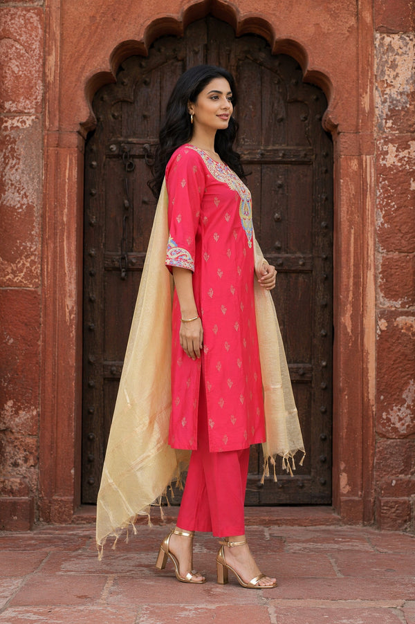 Aurelia Women's Pink Thread Embroidered Straight Kurta with Trousers and Dupatta Set
