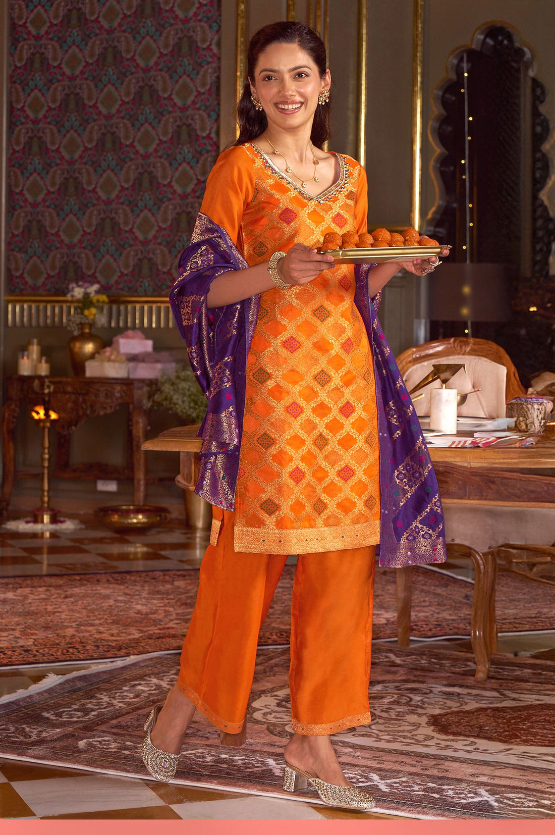 Orange Yarn Dyed Zari Jacquard Straight Kurta with Palazzo and Dupatta Set