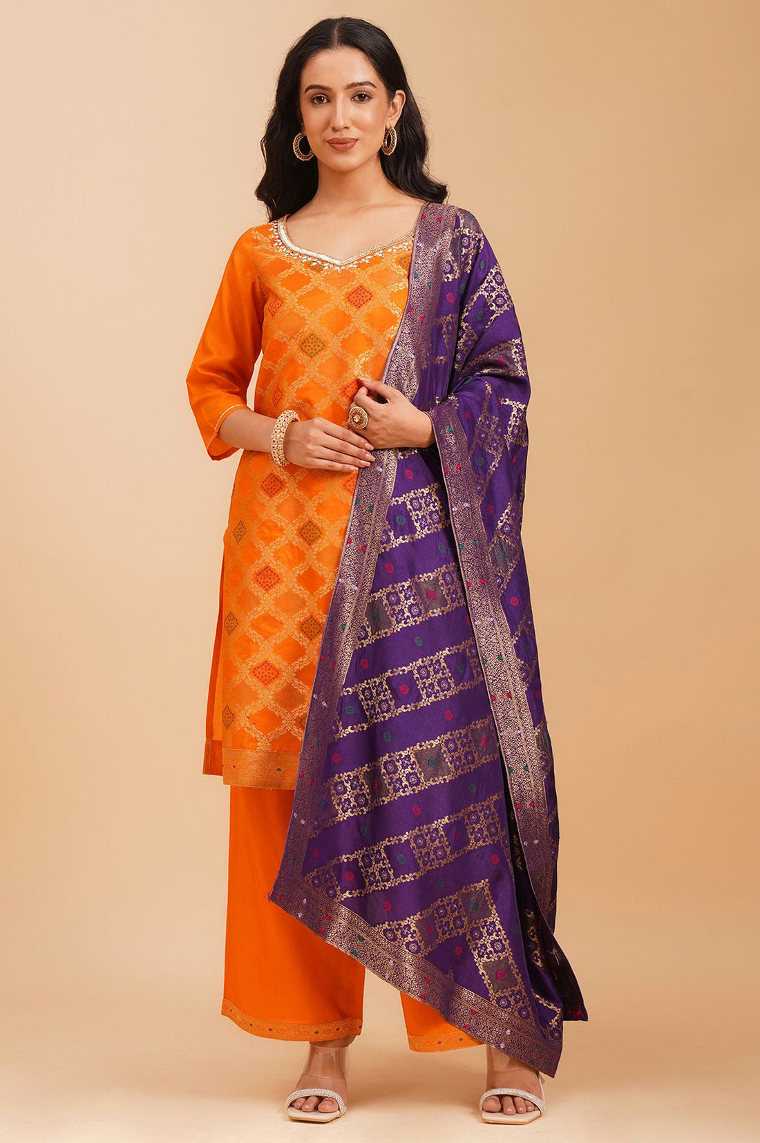 Orange Yarn Dyed Zari Jacquard Straight Kurta with Palazzo and Dupatta Set
