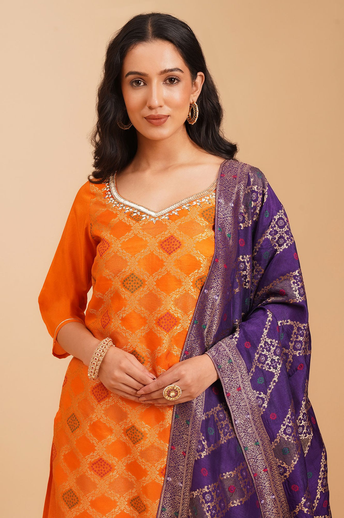 Orange Yarn Dyed Zari Jacquard Straight Kurta with Palazzo and Dupatta Set