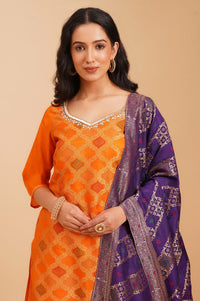 Orange Yarn Dyed Zari Jacquard Straight Kurta with Palazzo and Dupatta Set