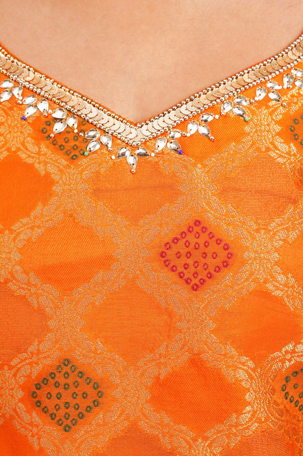 Orange Yarn Dyed Zari Jacquard Straight Kurta with Palazzo and Dupatta Set