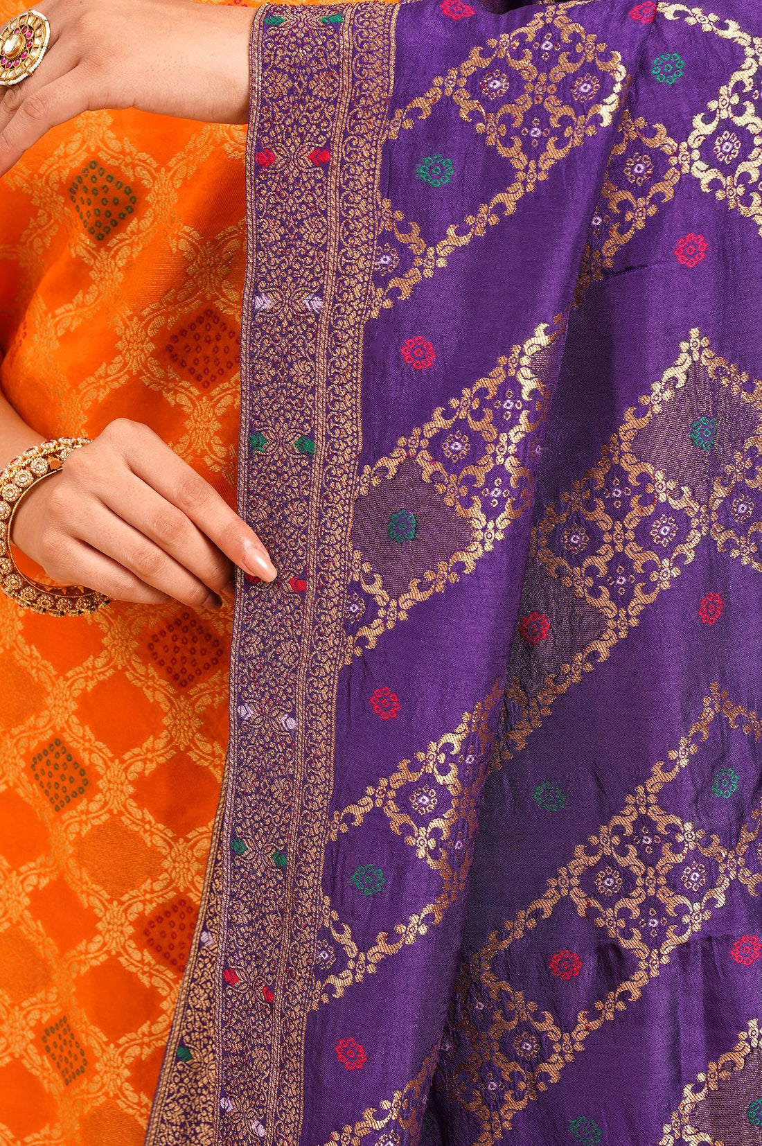 Orange Yarn Dyed Zari Jacquard Straight Kurta with Palazzo and Dupatta Set