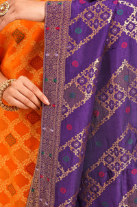 Orange Yarn Dyed Zari Jacquard Straight Kurta with Palazzo and Dupatta Set