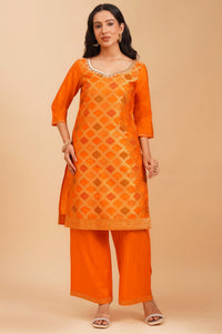 Orange Yarn Dyed Zari Jacquard Straight Kurta with Palazzo and Dupatta Set