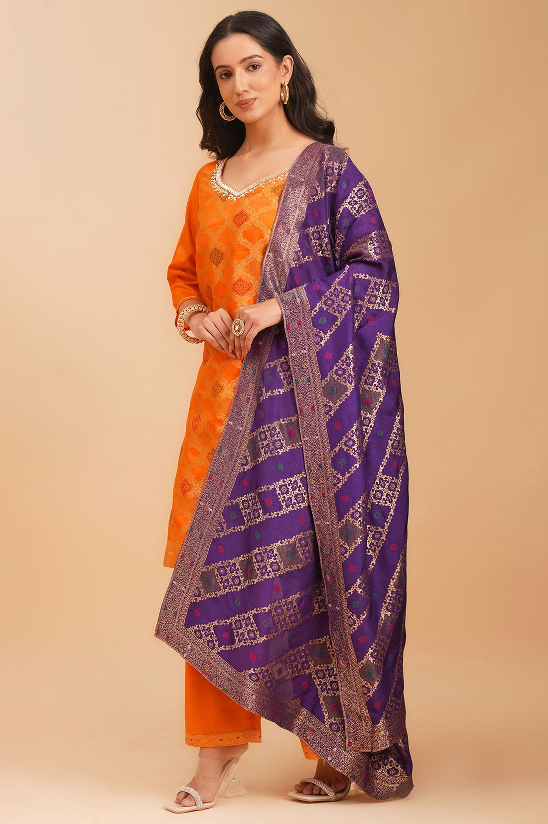 Orange Yarn Dyed Zari Jacquard Straight Kurta with Palazzo and Dupatta Set