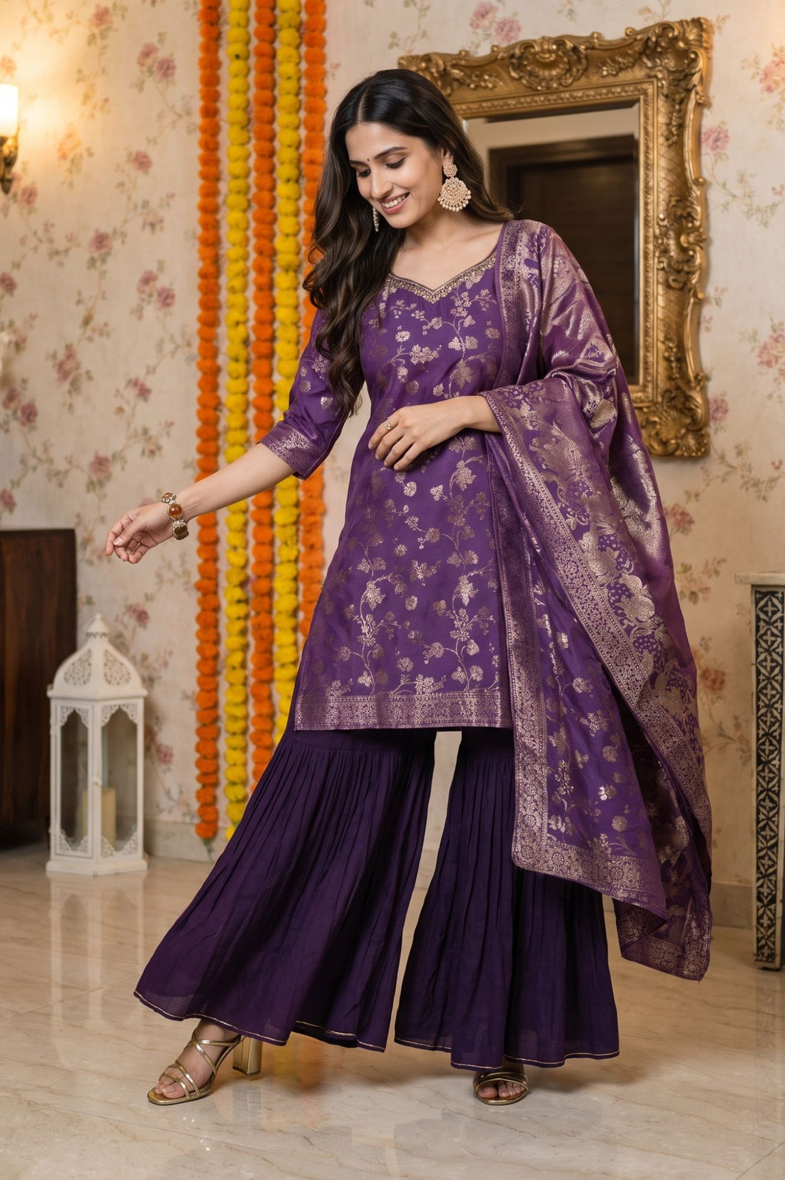 Purple Jacquard Embroidered Straight Kurta with Sharara and Dupatta Set