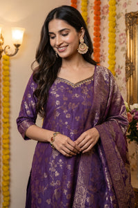Purple Jacquard Embroidered Straight Kurta with Sharara and Dupatta Set
