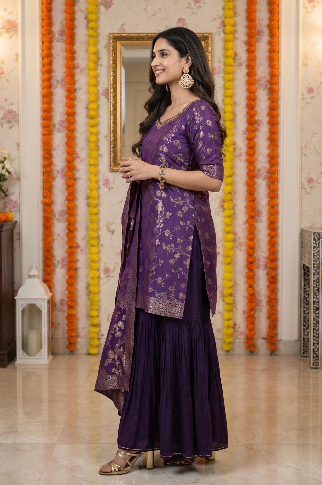 Purple Jacquard Embroidered Straight Kurta with Sharara and Dupatta Set