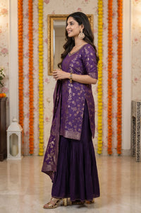 Purple Jacquard Embroidered Straight Kurta with Sharara and Dupatta Set