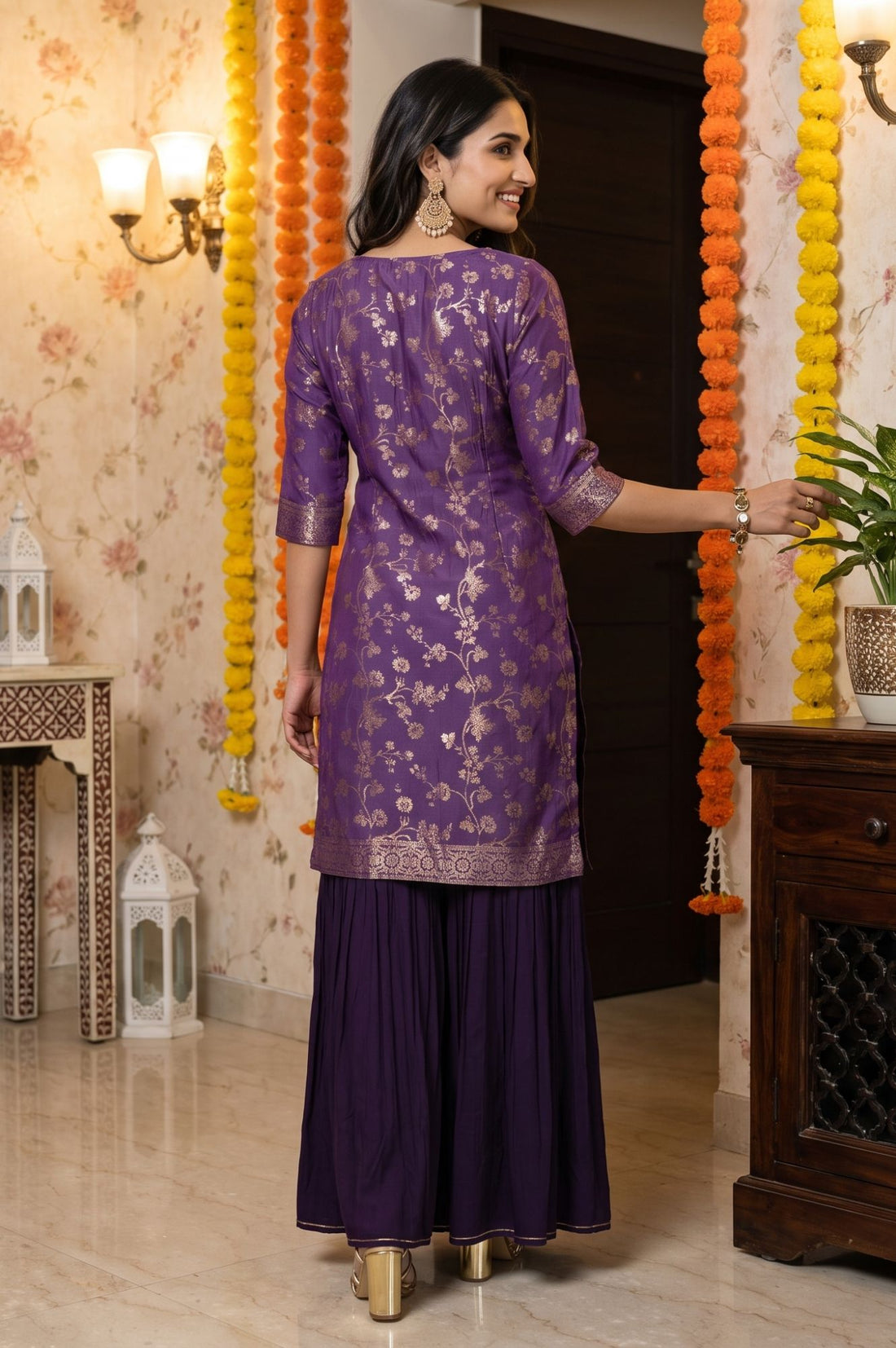 Purple Jacquard Embroidered Straight Kurta with Sharara and Dupatta Set