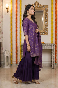 Purple Jacquard Embroidered Straight Kurta with Sharara and Dupatta Set