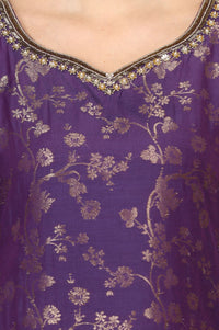 Purple Jacquard Embroidered Straight Kurta with Sharara and Dupatta Set