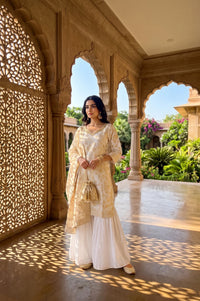 Off White Zari Floral Printed Jacquard Straight Kurta with Sharara and Dupatta Set