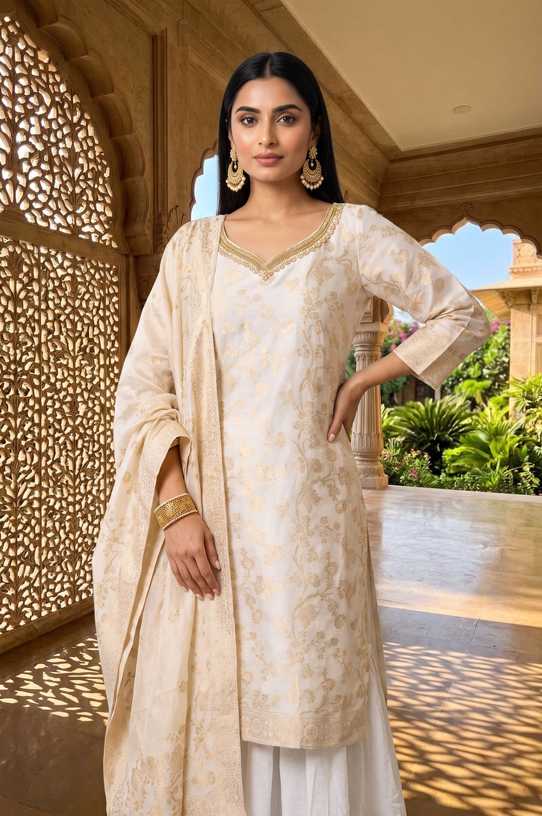 Off White Zari Floral Printed Jacquard Straight Kurta with Sharara and Dupatta Set