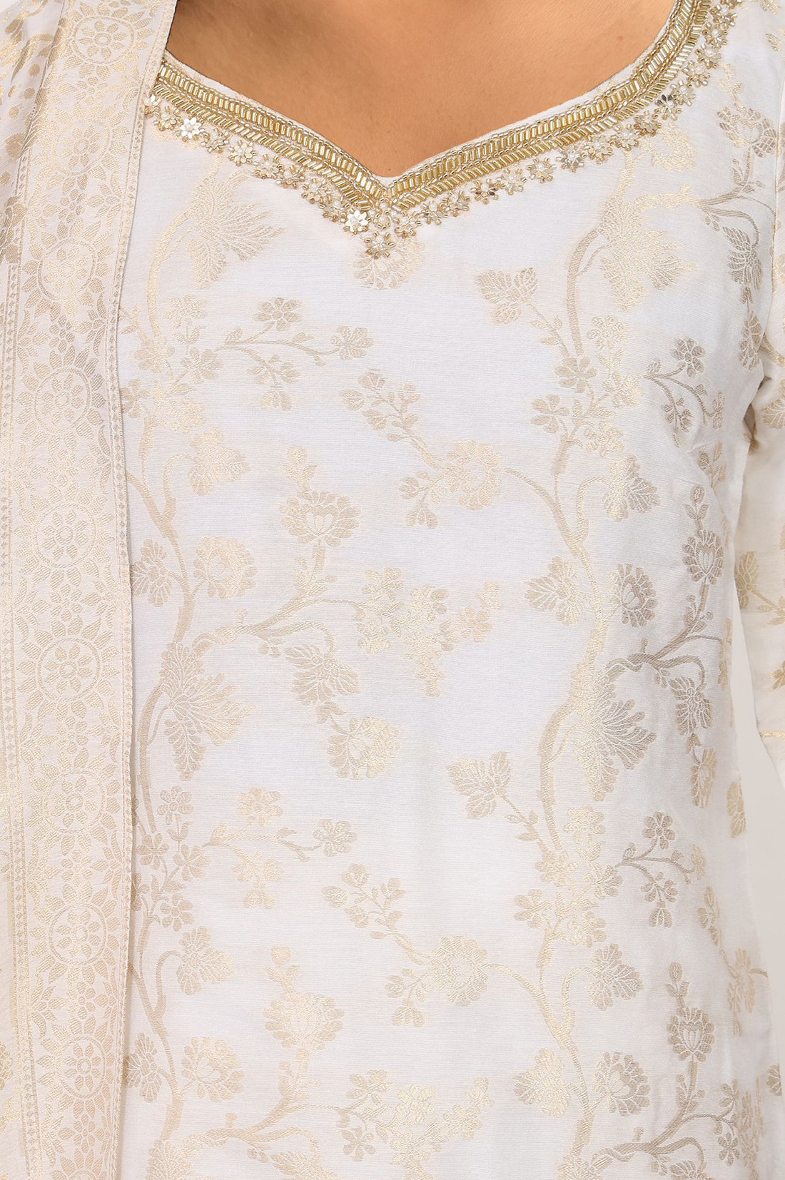 Off White Zari Floral Printed Jacquard Straight Kurta with Sharara and Dupatta Set