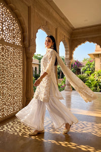 Off White Zari Floral Printed Jacquard Straight Kurta with Sharara and Dupatta Set
