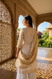 Off White Zari Floral Printed Jacquard Straight Kurta with Sharara and Dupatta Set