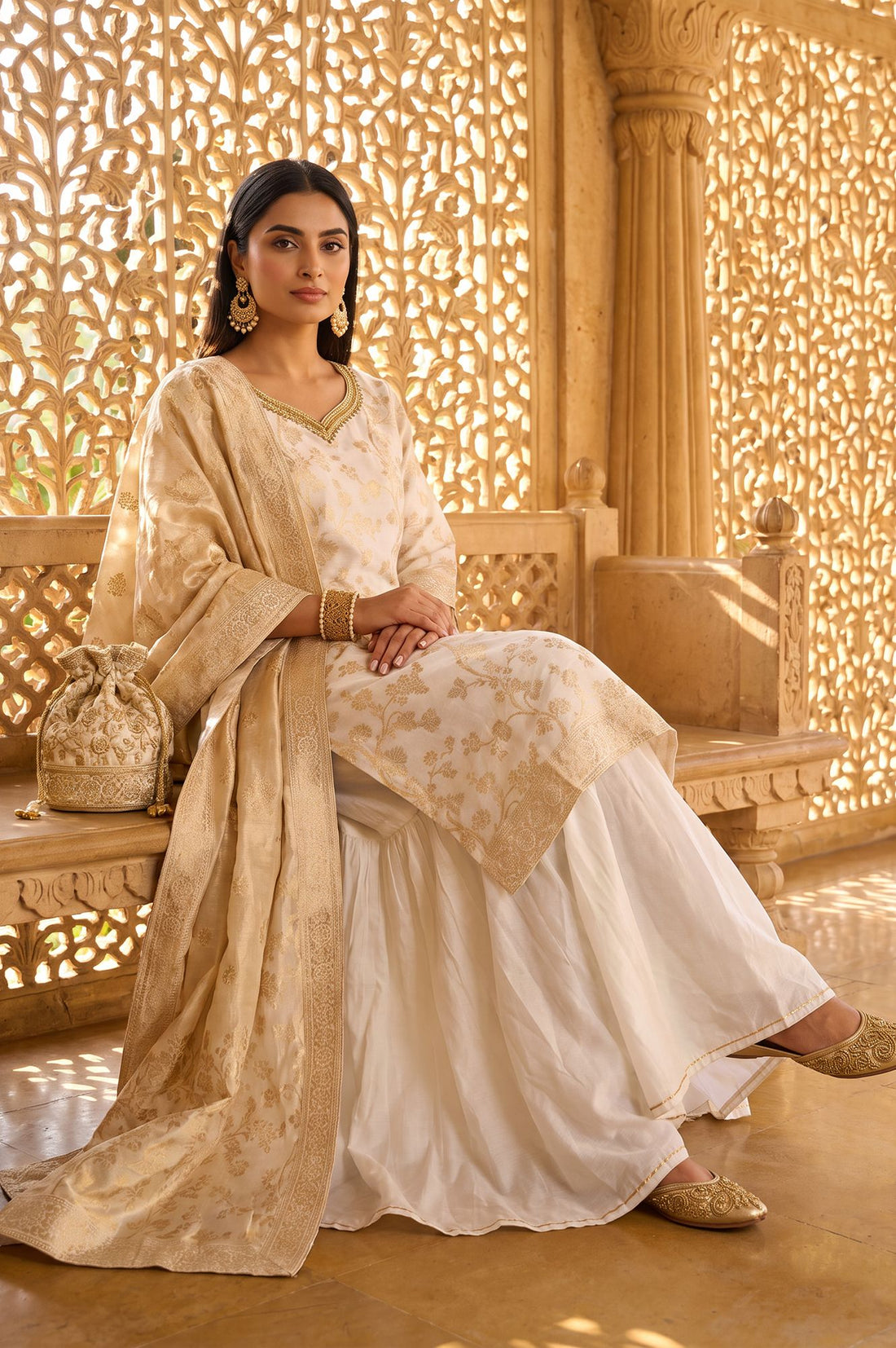 Off White Zari Floral Printed Jacquard Straight Kurta with Sharara and Dupatta Set