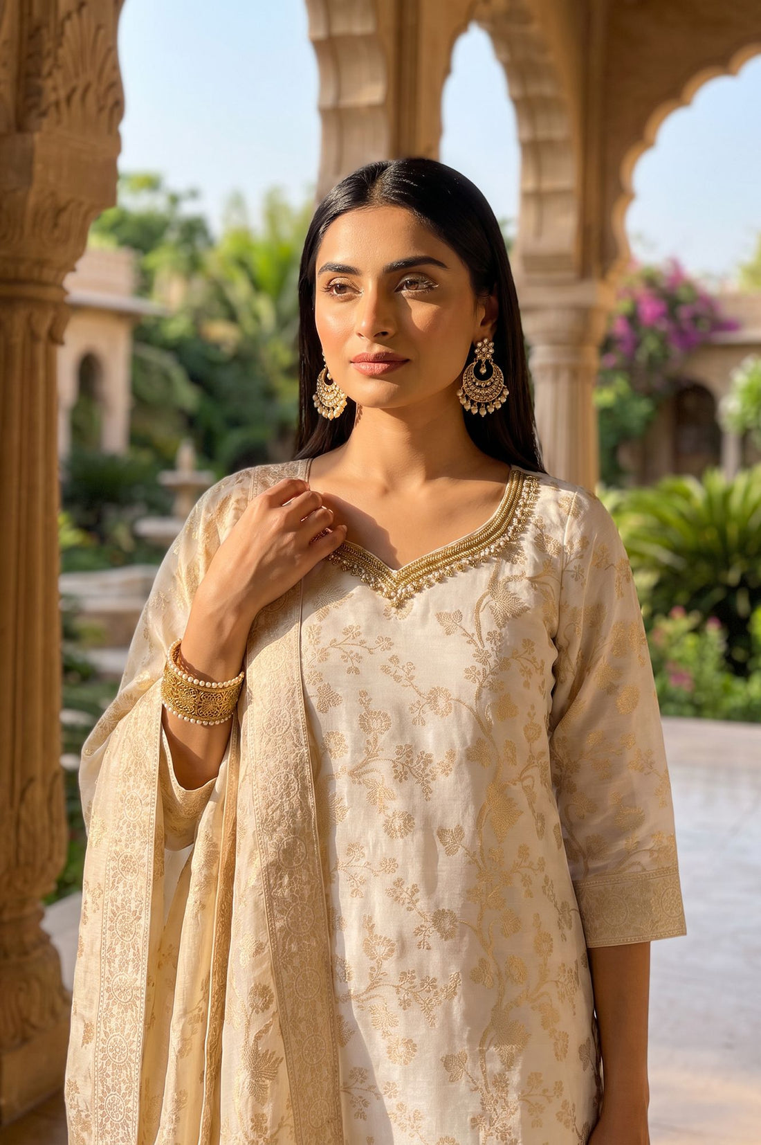 Off White Zari Floral Printed Jacquard Straight Kurta with Sharara and Dupatta Set