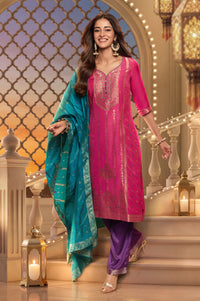 Multicolor Yarn Dyed Sequins Jacquard Straight Kurta with Palazzo and Dupatta Set