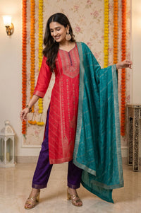 Multicolor Yarn Dyed Sequins Jacquard Straight Kurta with Palazzo and Dupatta Set