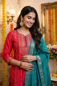 Multicolor Yarn Dyed Sequins Jacquard Straight Kurta with Palazzo and Dupatta Set