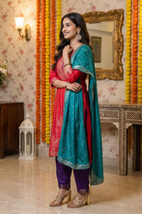 Multicolor Yarn Dyed Sequins Jacquard Straight Kurta with Palazzo and Dupatta Set