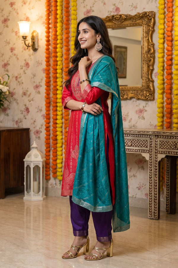 Multicolor Yarn Dyed Sequins Jacquard Straight Kurta with Palazzo and Dupatta Set