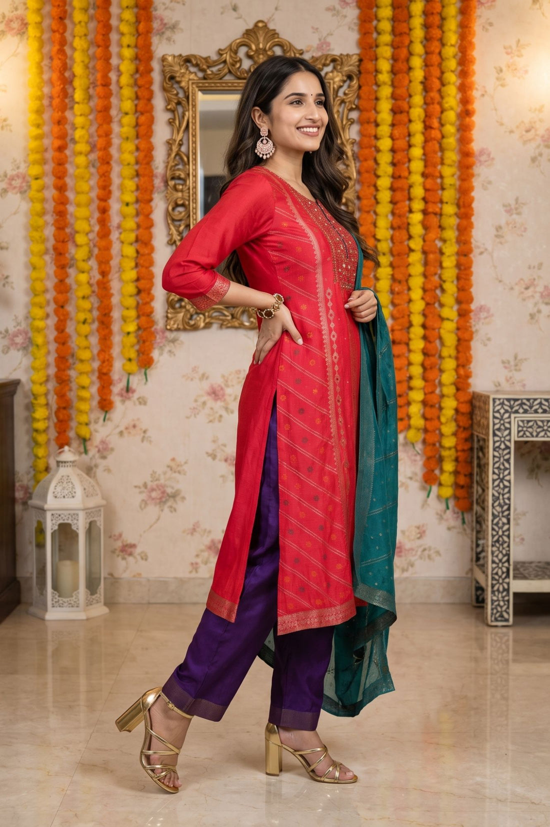 Multicolor Yarn Dyed Sequins Jacquard Straight Kurta with Palazzo and Dupatta Set