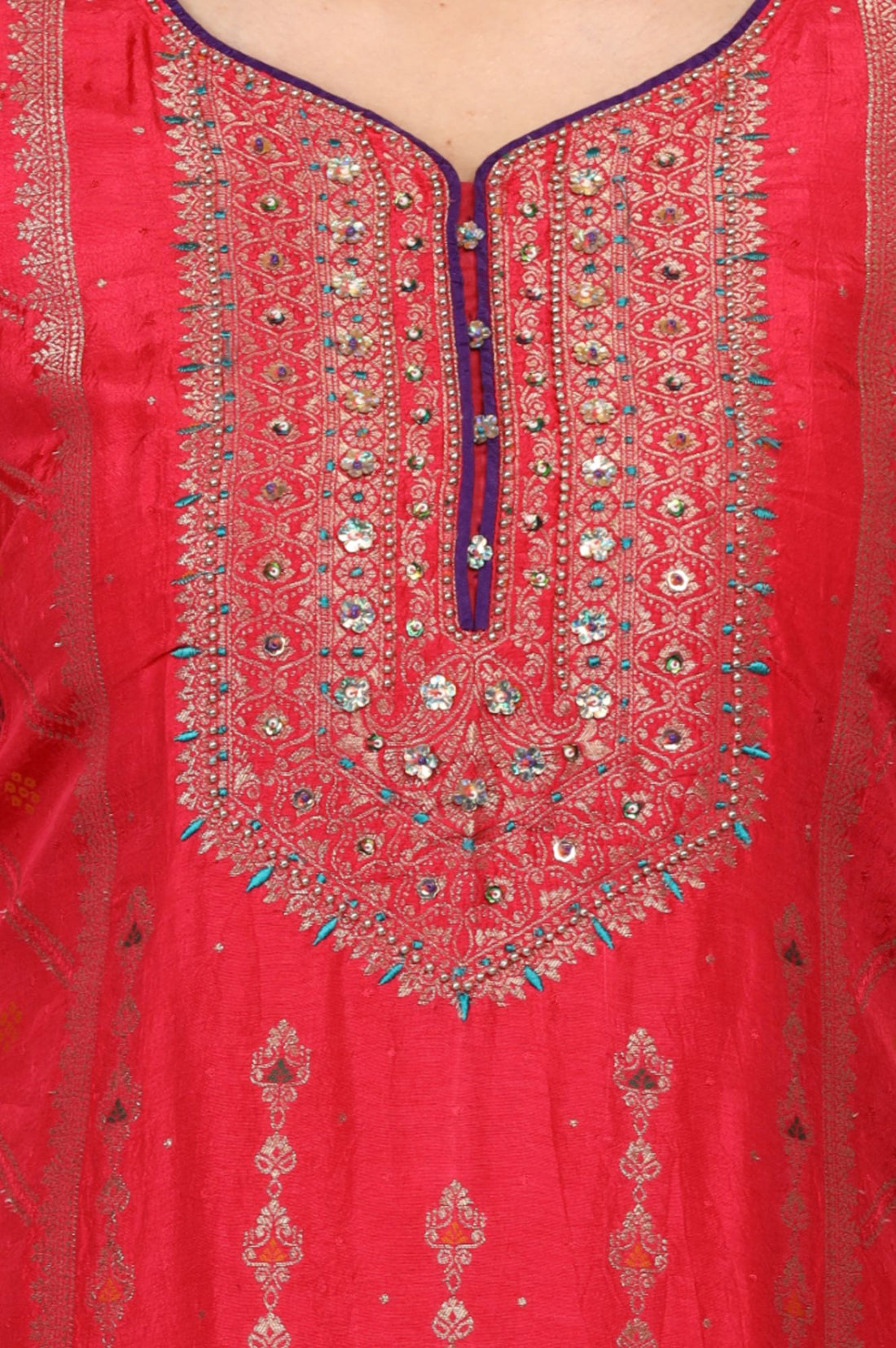Multicolor Yarn Dyed Sequins Jacquard Straight Kurta with Palazzo and Dupatta Set